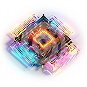 A 3D icon of a tech breakthrough quantum computing chip with a white background