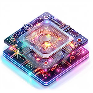 A 3D icon of a tech breakthrough quantum computing chip with a white background