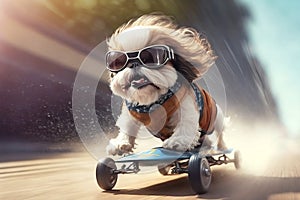 Crazy fluffy dog in googles riding skateboard