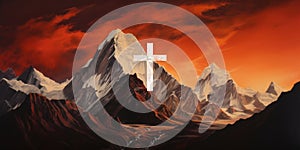 Cross against red and orange sky over snow covered mountain peak at sunset