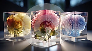 AI generated image. Cultivation of glowing flowers inside the transparent glass cube containers in scientific laboratory