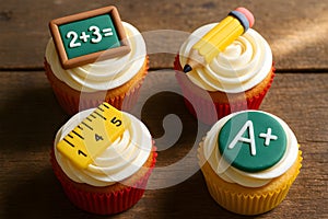 School Themed Cupcakes With Pencil Blackboard And Grade Symbols