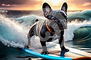 AI generated image of a cute small dog, French bulldog, Frenchie, posing and playing, surfing on waves photo