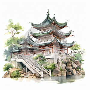 Daoist temple with sloping roofs and ornate eaves illustration photo