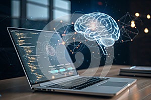 Holographic brain interface over laptop â artificial intelligence concept