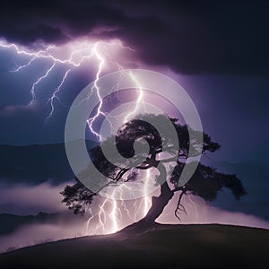 AI-generated image depicts a powerful and dramatic scene of lightning striking a tree