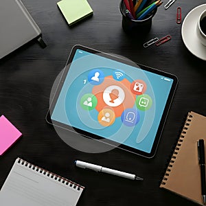 AI-Generated Tablet Computer Displaying a Network of People Icons, with Sticky Notes, a Pen, and a Notebook on a Dark Surface