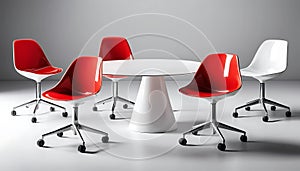 Modern Red and White Office Chairs Around White Table