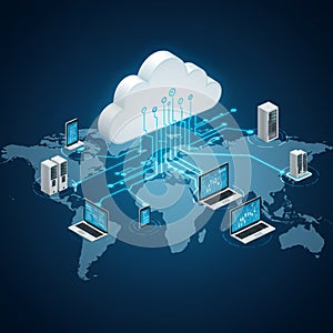 AI-Generated Image of World Map with Cloud Computing and Global Data Connectivity photo