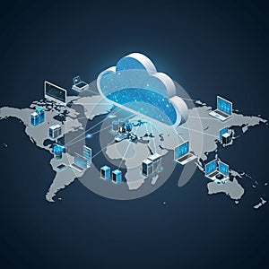 AI-Generated Image of World Map with Cloud Computing and Global Data Connectivity photo