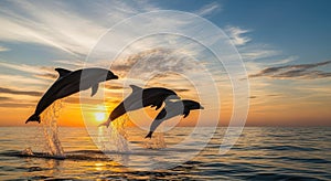 Ai generated image of dolphins jumping in ocean at sunset