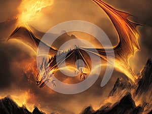 AI generated image of Dragon flying through hells fire