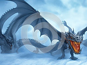 AI generated image of Dragon with a large head a big sharp yellow teeth in the snow