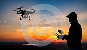 Drone pilot controlling quadcopter Silhouette against the sunset sky.