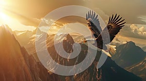 Eagle flying in the mountains at sunset.