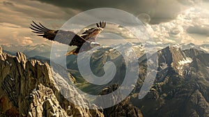 Eagle flying in the mountains at sunset.