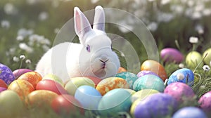 Ai generated image of an Easter bunny in a field full of decorated eggs