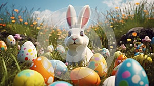 Ai generated image of an Easter bunny in a field full of eggs