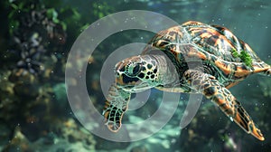 Ai generated image of an endangered sea turtle gracefully navigating through a vibrant underwater scene photo