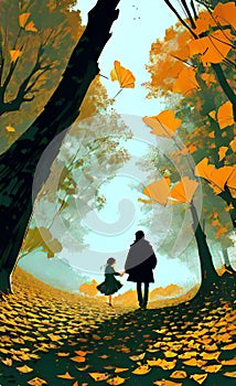 AI generated image of a father and a daughter walking on a forest of ginkgo biloba trees