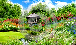 AI generated image of a feature wild garden with hut and pond and lots of flowers