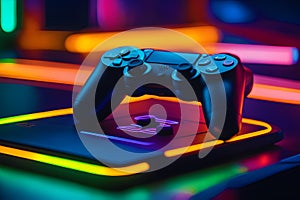 new PlayStation5 controller against a neon background generated by Ai