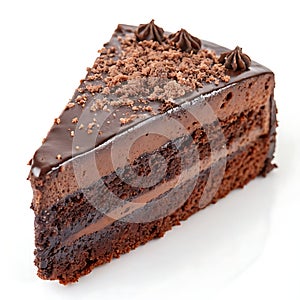A chocolate cake slice isolated on white background