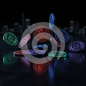 AI Generated Cryptocurrency Coins Floating Over Reflective Surface