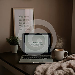 AI-Generated Cozy Workspace with Laptop and Framed Quote
