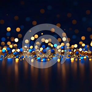 AI-Generated Dark Blue Background with Gold and Blue Lights, Sparkles, and Dots