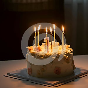 AI Generated Birthday Cake with Lit Candles and Pink Decorations