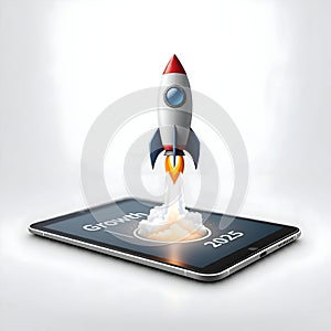 AI-Generated Image of a Rocket Launching from a Tablet with Growth 2025 Display photo