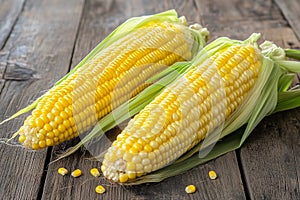 Sweet corn showcase on wooden surface for agriculture promotion photo