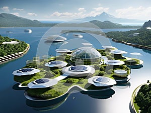 Futuristic Floating Island City with Solar Domes and Sustainable Architecture - Visionary Eco-Friendly Living on Water photo