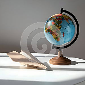 AI Generated: Globe and Paper Airplane on White Table