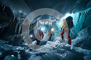 Group of Ice Climbers Exploring a Frozen Cave photo