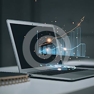 AI Generated: Laptop with Graph Showing Upward Growth and Notepad
