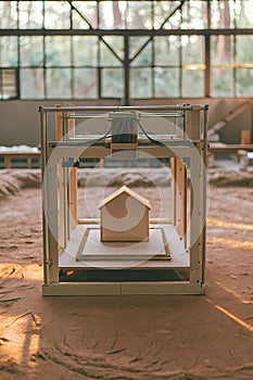 AI generated Large 3D Printer Constructing House Model Indoors