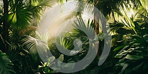 Lush green forest with sunlight filtering through the trees panorama and copy space photo