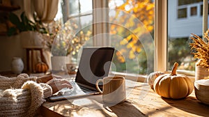 AI Generated Autumn Remote Work Desk Setup with Laptop and Coffee Cup