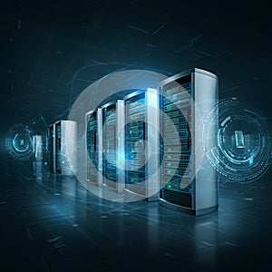 Data Center with Large Server Racks and Digital Network Graphics â AI-Generated