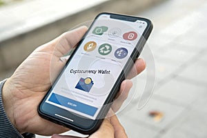 Digital cryptocurrency wallet interface on smartphone