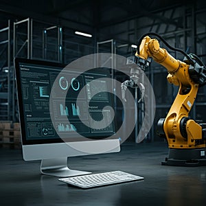 AI-Generated Image of Monitor Displaying Graphs Next to Yellow Robotic Arm on Factory Floor