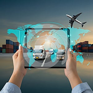 AI-Generated Image: Person Holding Tablet with Trucks, World Map, and Shipping Containers