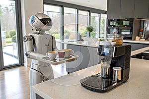 Robot assistant serving coffee in modern kitchen