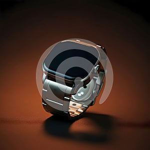 AI-Generated Silver Smartwatch with Dark Screen on Brown Surface