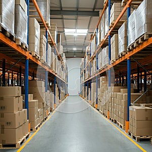 AI-Generated Image: Warehouse Aisle with Boxes on High Shelves photo