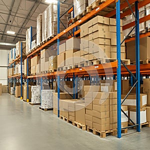 AI-Generated Image: Warehouse Aisle with Boxes on High Shelves photo