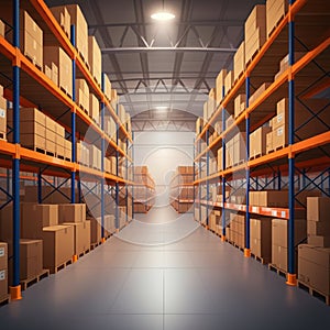 AI-Generated Image: Warehouse Aisle with Boxes on High Shelves photo