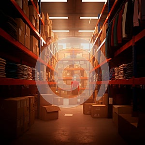 AI-Generated Image: Warehouse Aisle with Boxes on High Shelves photo